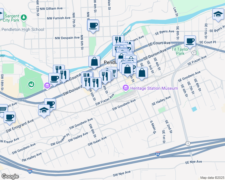 map of restaurants, bars, coffee shops, grocery stores, and more near 438 Southwest 5th Street in Pendleton