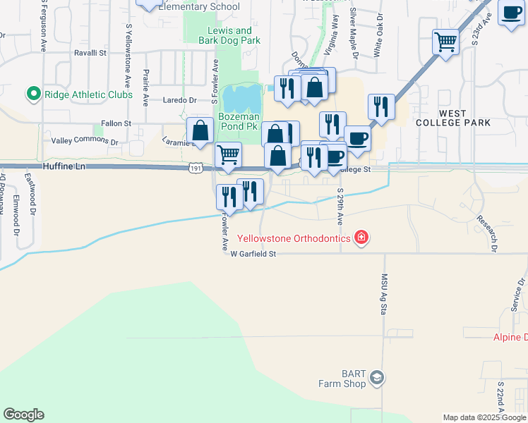 map of restaurants, bars, coffee shops, grocery stores, and more near Harmon Stream Boulevard in Bozeman