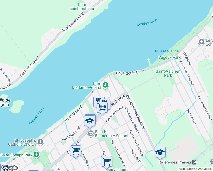 map of restaurants, bars, coffee shops, grocery stores, and more near 12565 Rue La Hontan in Montréal