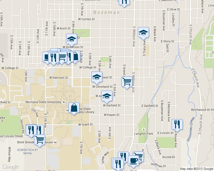 map of restaurants, bars, coffee shops, grocery stores, and more near 411 West Cleveland Street in Bozeman
