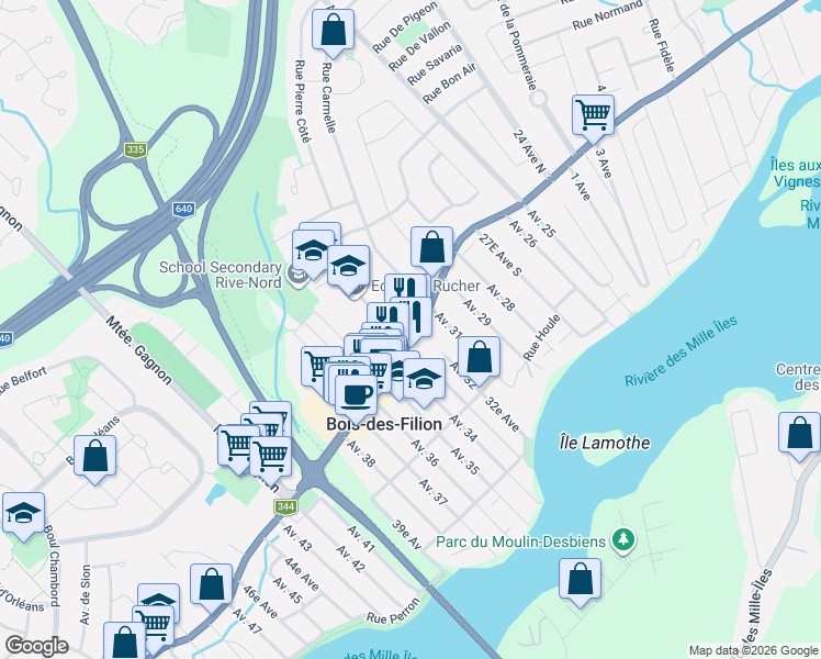 map of restaurants, bars, coffee shops, grocery stores, and more near 379 Boulevard Adolphe-Chapleau in Bois-des-Filion