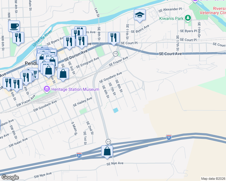 map of restaurants, bars, coffee shops, grocery stores, and more near 715 Southeast 7th Street in Pendleton