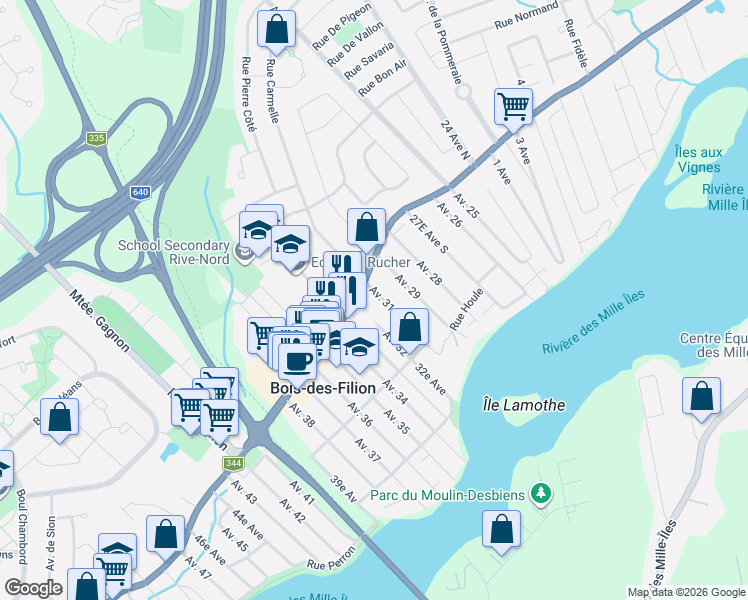 map of restaurants, bars, coffee shops, grocery stores, and more near in Bois-des-Filion