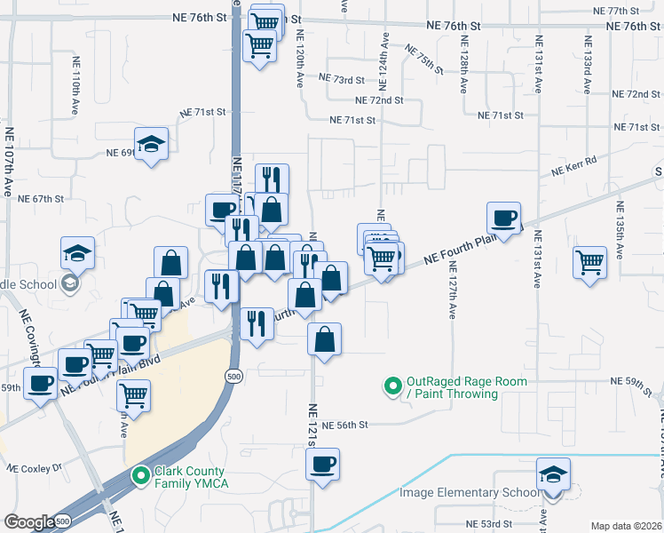 map of restaurants, bars, coffee shops, grocery stores, and more near 12100 Northeast Fourth Plain Boulevard in Vancouver