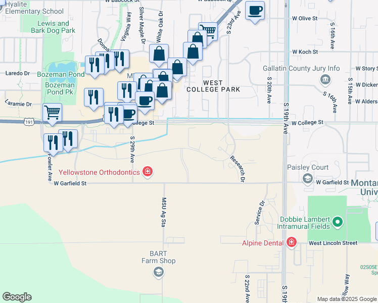 map of restaurants, bars, coffee shops, grocery stores, and more near 2500 West College Street in Bozeman