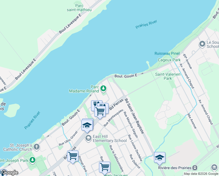 map of restaurants, bars, coffee shops, grocery stores, and more near 12570 81e Avenue in Montréal