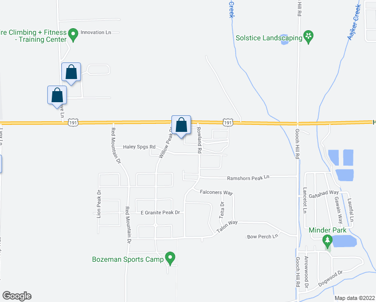 map of restaurants, bars, coffee shops, grocery stores, and more near 463 Rowland Road in Bozeman