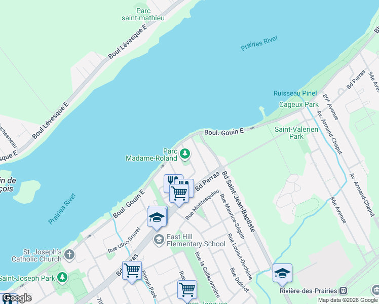 map of restaurants, bars, coffee shops, grocery stores, and more near 12565 Rue La Hontan in Montréal