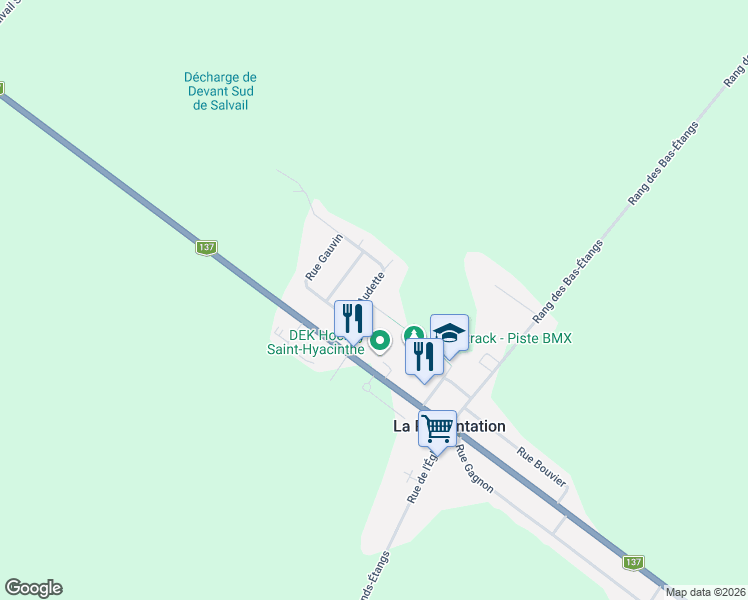 map of restaurants, bars, coffee shops, grocery stores, and more near 652 Rue Audette in La Présentation