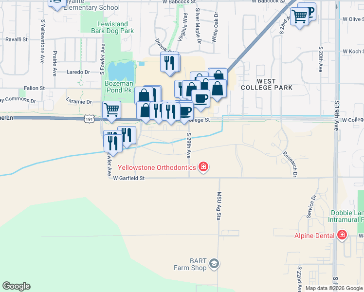 map of restaurants, bars, coffee shops, grocery stores, and more near 981 South 29th Avenue in Bozeman