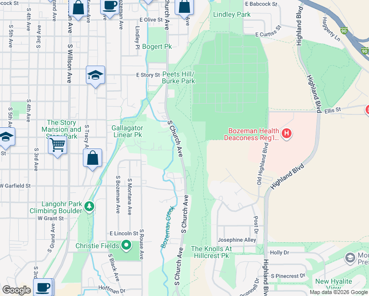 map of restaurants, bars, coffee shops, grocery stores, and more near 1008 S Church Ave in Bozeman