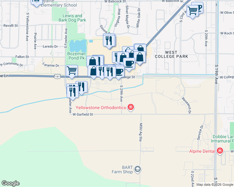 map of restaurants, bars, coffee shops, grocery stores, and more near W Garfield St in Bozeman