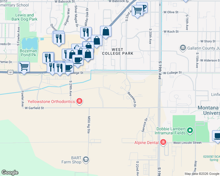 map of restaurants, bars, coffee shops, grocery stores, and more near 2500 West College Street in Bozeman