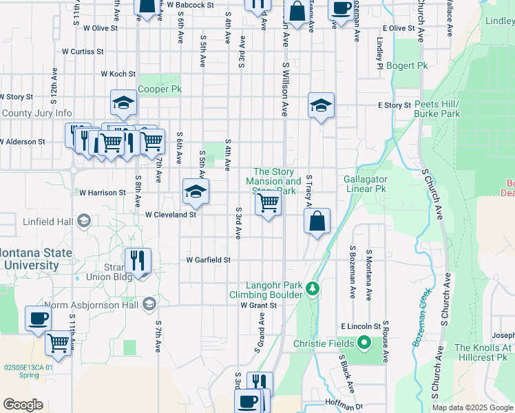 map of restaurants, bars, coffee shops, grocery stores, and more near 1001 South Grand Avenue in Bozeman