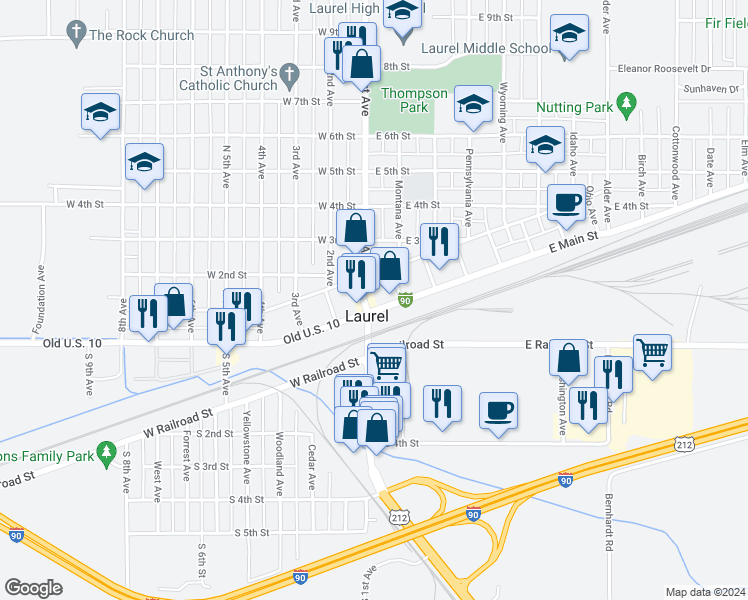 map of restaurants, bars, coffee shops, grocery stores, and more near in Laurel
