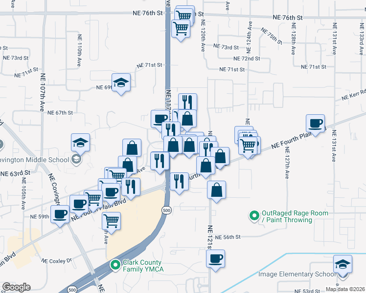 map of restaurants, bars, coffee shops, grocery stores, and more near 11801 Northeast 65th Street in Vancouver