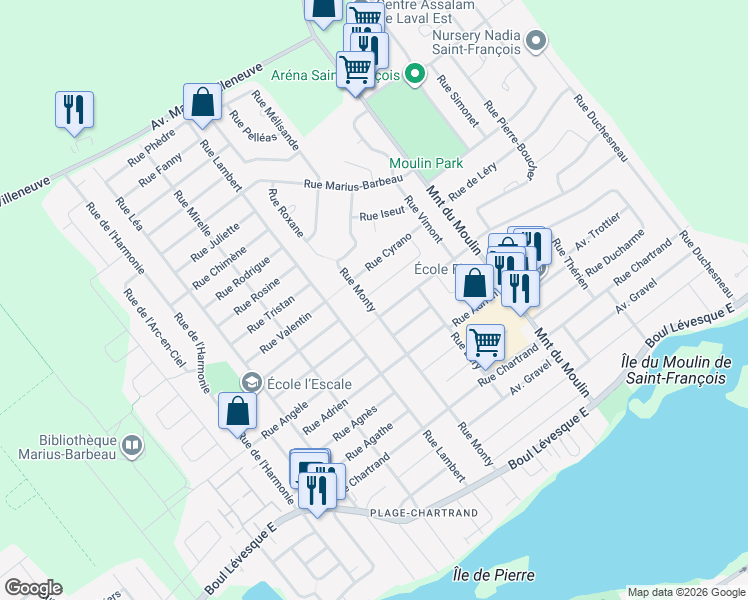 map of restaurants, bars, coffee shops, grocery stores, and more near 8360 Rue Marilyne in Laval