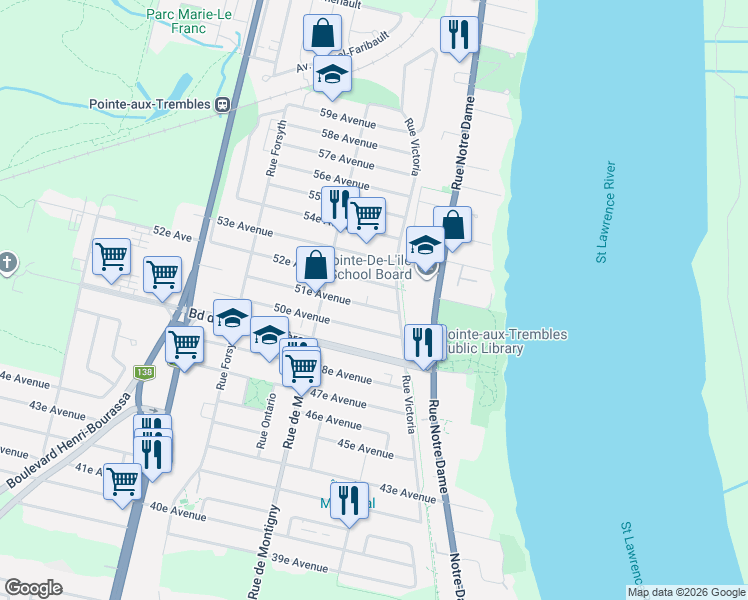 map of restaurants, bars, coffee shops, grocery stores, and more near 1019 51e Avenue in Montréal