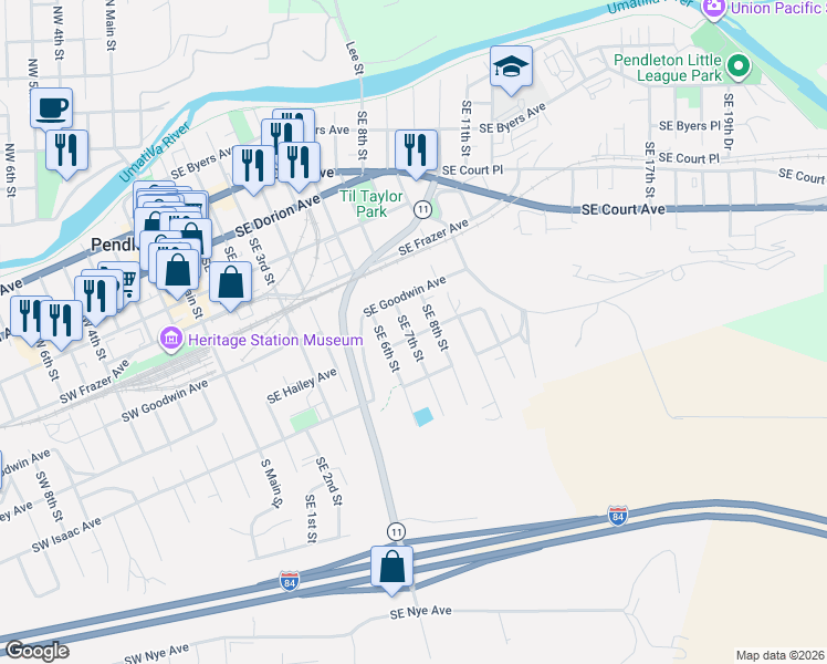 map of restaurants, bars, coffee shops, grocery stores, and more near 715 Southeast 7th Street in Pendleton