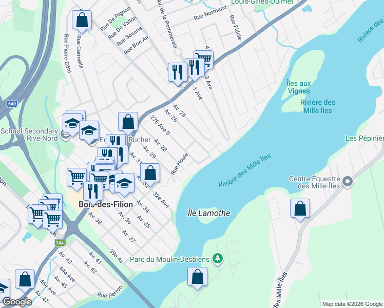 map of restaurants, bars, coffee shops, grocery stores, and more near 11 Avenue 27e in Bois-des-Filion
