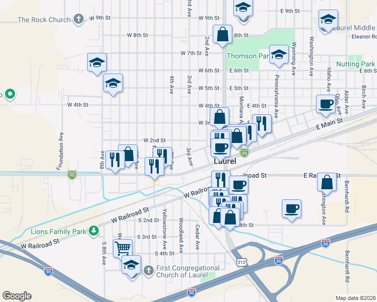 map of restaurants, bars, coffee shops, grocery stores, and more near 221 West Main Street in Laurel
