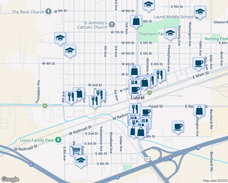 map of restaurants, bars, coffee shops, grocery stores, and more near 314 West 1st Street in Laurel