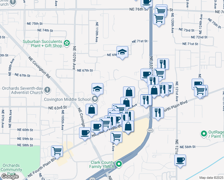 map of restaurants, bars, coffee shops, grocery stores, and more near 6600 Northeast 112th Court in Vancouver
