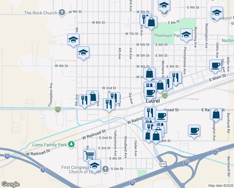 map of restaurants, bars, coffee shops, grocery stores, and more near 110 4th Avenue in Laurel