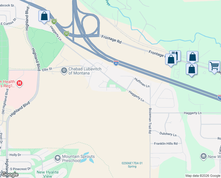 map of restaurants, bars, coffee shops, grocery stores, and more near 8741-8769 Haggerty Lane in Bozeman