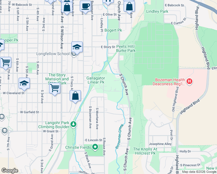 map of restaurants, bars, coffee shops, grocery stores, and more near 803 S Church Ave in Bozeman