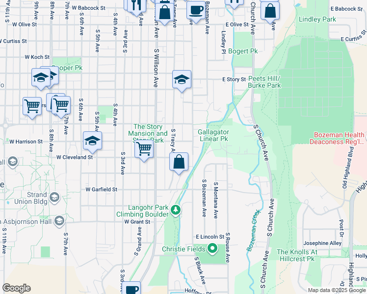 map of restaurants, bars, coffee shops, grocery stores, and more near 819 South Black Avenue in Bozeman