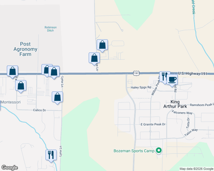map of restaurants, bars, coffee shops, grocery stores, and more near 8398-8404 Huffine Lane in Bozeman