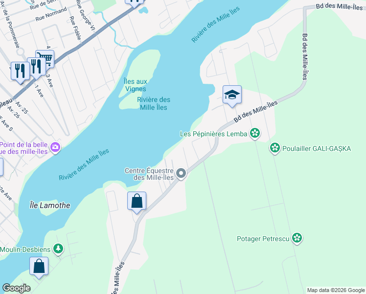 map of restaurants, bars, coffee shops, grocery stores, and more near Terrasse Delaroche in Laval