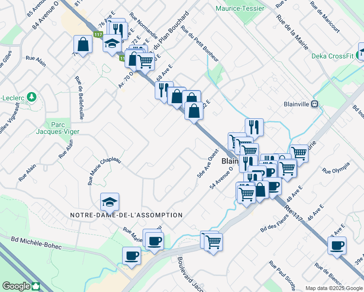 map of restaurants, bars, coffee shops, grocery stores, and more near 15 Rue Marie Chapleau in Blainville