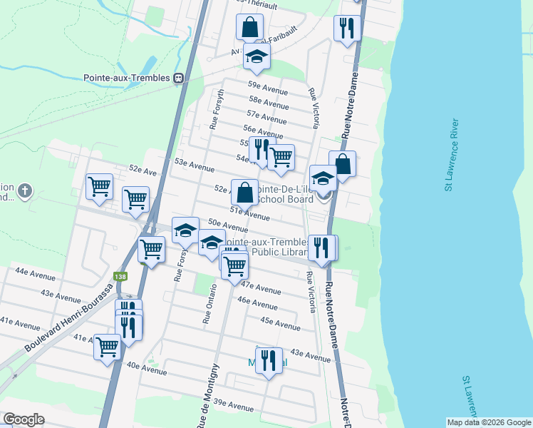 map of restaurants, bars, coffee shops, grocery stores, and more near 1103 51e Avenue in Montréal