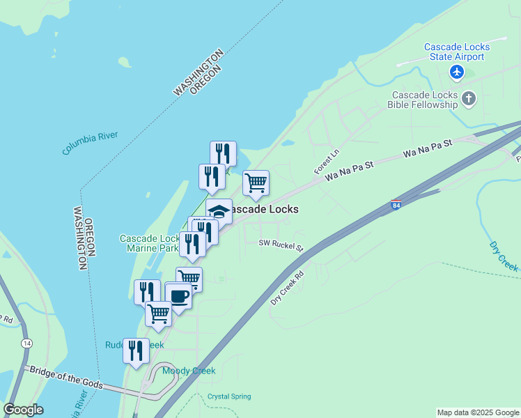 map of restaurants, bars, coffee shops, grocery stores, and more near in Cascade Locks