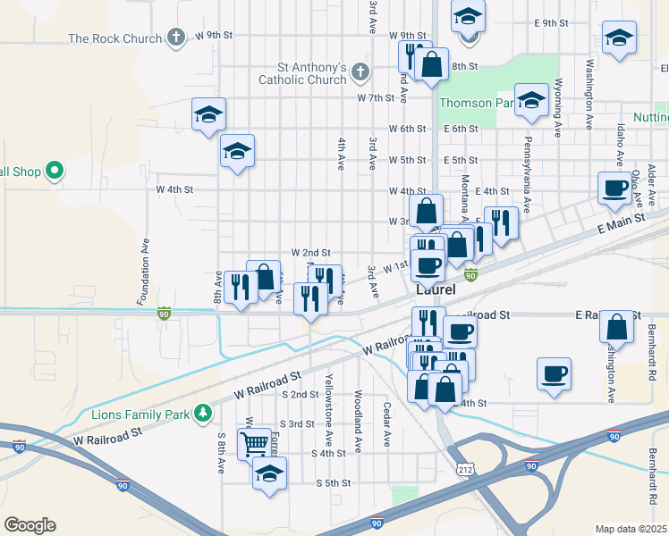 map of restaurants, bars, coffee shops, grocery stores, and more near 110 4th Avenue in Laurel