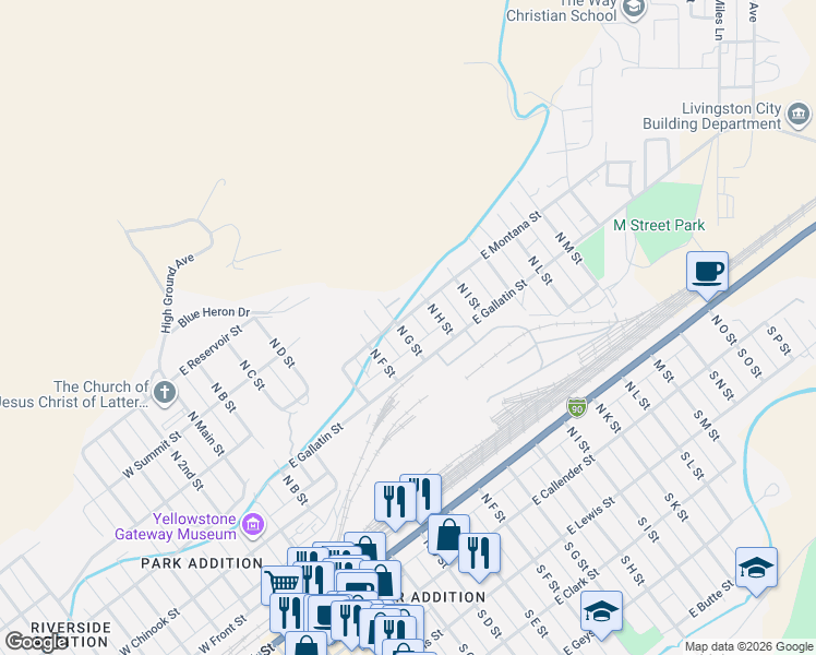 map of restaurants, bars, coffee shops, grocery stores, and more near 602 N H St in Livingston