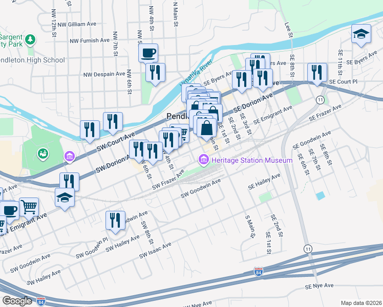 map of restaurants, bars, coffee shops, grocery stores, and more near 348 Southwest 2nd Street in Pendleton