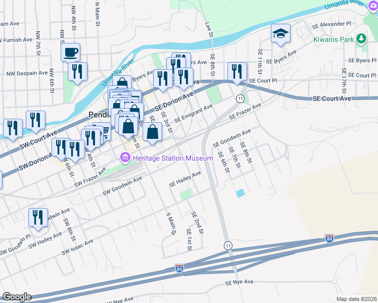map of restaurants, bars, coffee shops, grocery stores, and more near 515 Southeast 4th Street in Pendleton