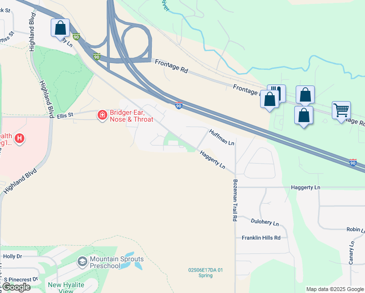 map of restaurants, bars, coffee shops, grocery stores, and more near 8741-8769 Haggerty Lane in Bozeman