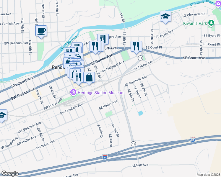 map of restaurants, bars, coffee shops, grocery stores, and more near 504 Southeast 4th Street in Pendleton