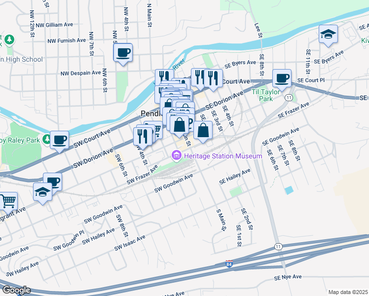 map of restaurants, bars, coffee shops, grocery stores, and more near 17 Southwest Frazer Avenue in Pendleton