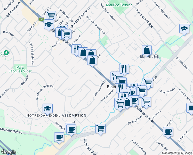 map of restaurants, bars, coffee shops, grocery stores, and more near 122 Carmelle-Boutin in Blainville