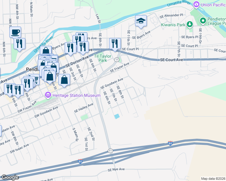 map of restaurants, bars, coffee shops, grocery stores, and more near 622 Southeast 7th Street in Pendleton