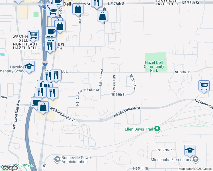 map of restaurants, bars, coffee shops, grocery stores, and more near 1602 Northeast 66th Circle in Vancouver