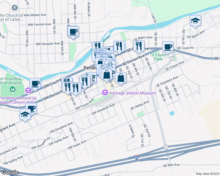 map of restaurants, bars, coffee shops, grocery stores, and more near 17 Southwest Frazer Avenue in Pendleton