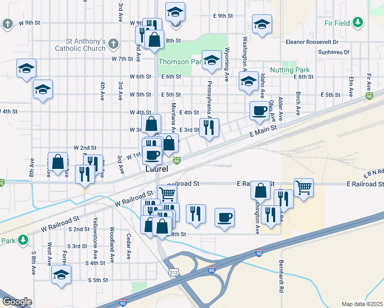 map of restaurants, bars, coffee shops, grocery stores, and more near 309 East Main Street in Laurel