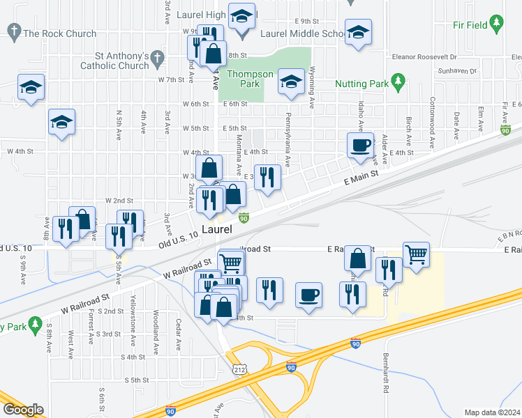 map of restaurants, bars, coffee shops, grocery stores, and more near 212 East 1st Street in Laurel