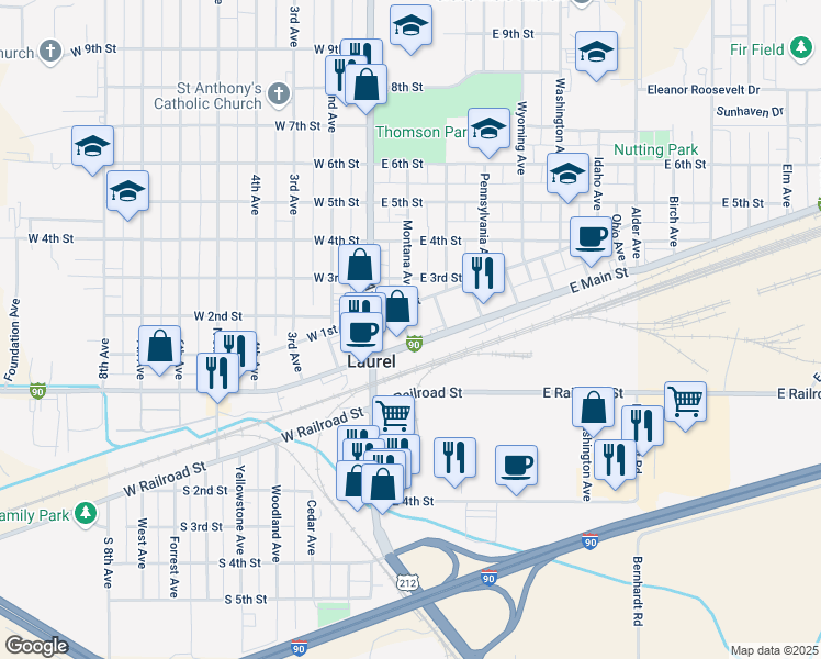 map of restaurants, bars, coffee shops, grocery stores, and more near 212 East 1st Street in Laurel